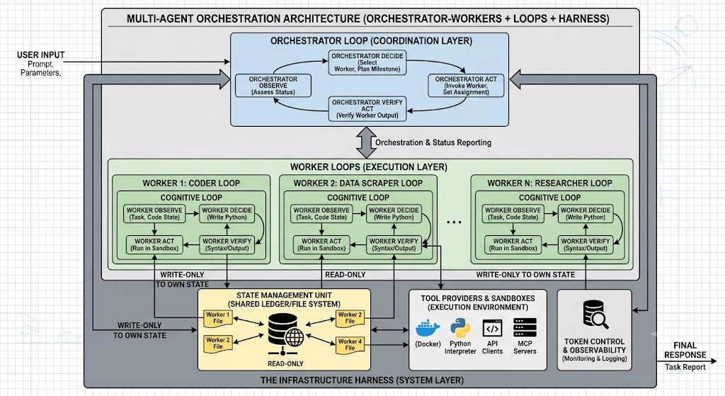 Multi-agent orchestration architecture — Orchestrator loop, worker loops, and infrastructure harness